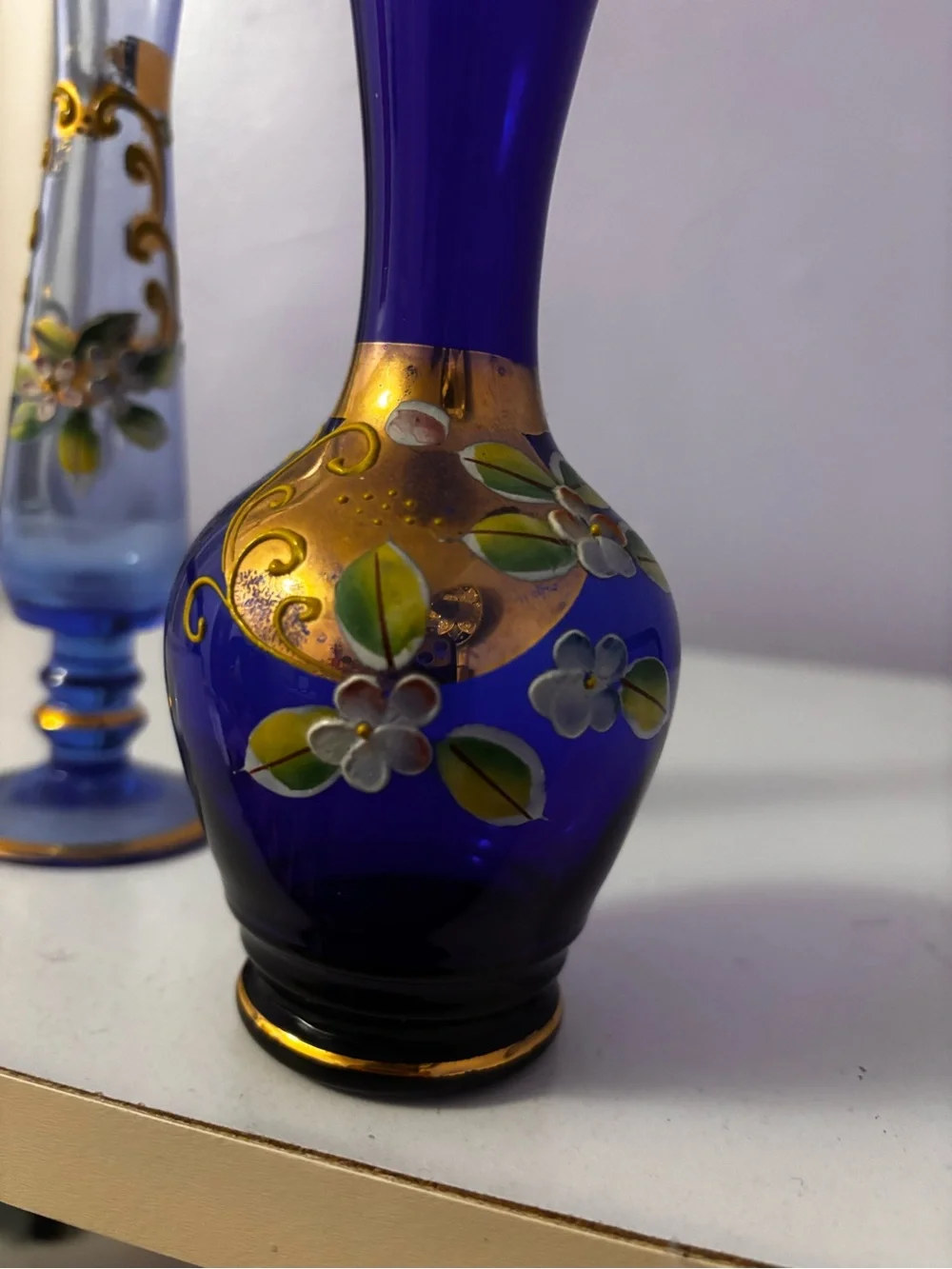 Cobalt Blue Hand-Painted Floral Glass Vase - Gold Trim